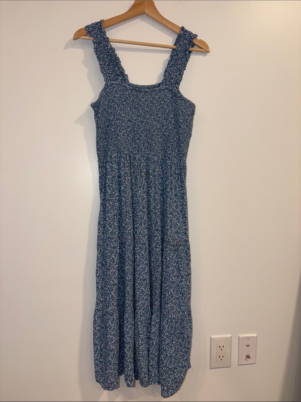 aerie Blue Floral Smocked Midi Dress